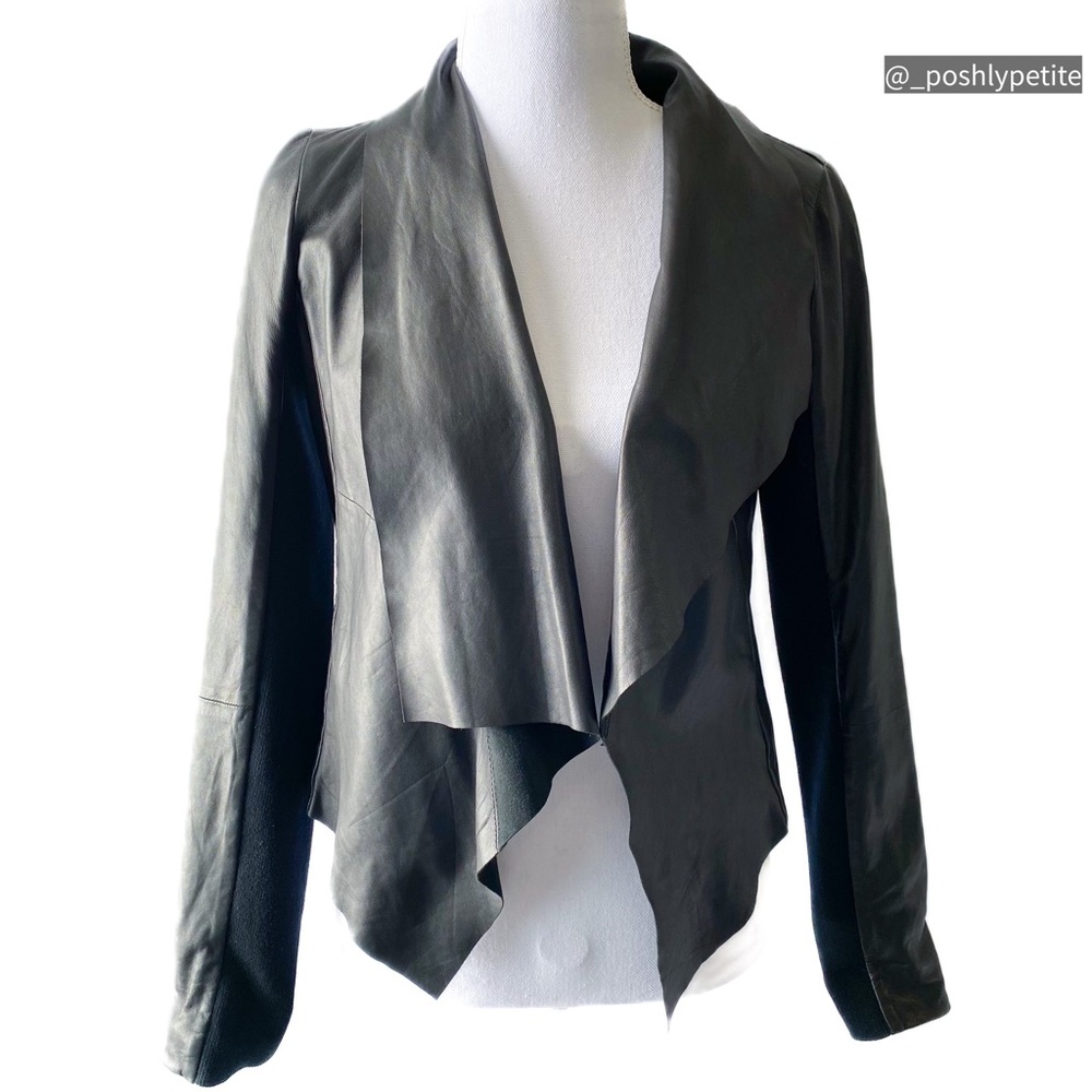 Trouve XS waterfall collar faux leather open jacket